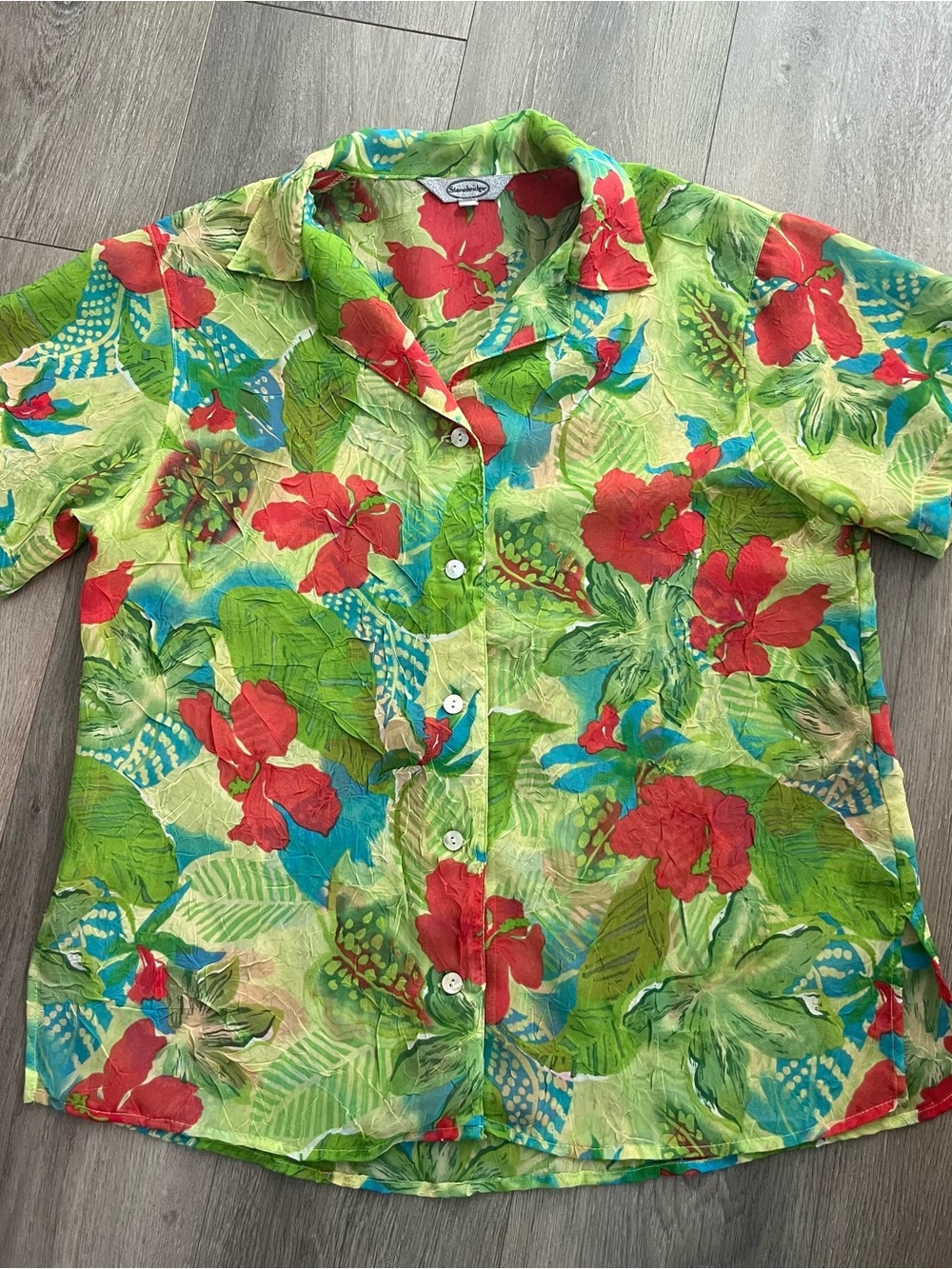 Vintage Y2K Stonebridge Hawaiian Hibiscus Crinkle Shirt Small